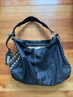 Black Pleather Shoulder Hobo with Studded Side Trim